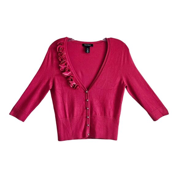 WHITE HOUSE BLACK MARKET Women's XS Cardigan Sweater Pink Fabric Flowers 32" - Picture 1 of 8